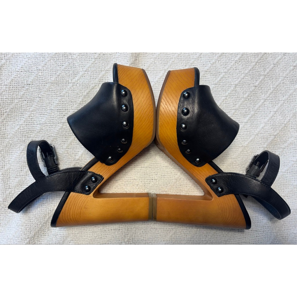 Black Leather Platform Sandals with Wooden Heel - Picture 6 of 9
